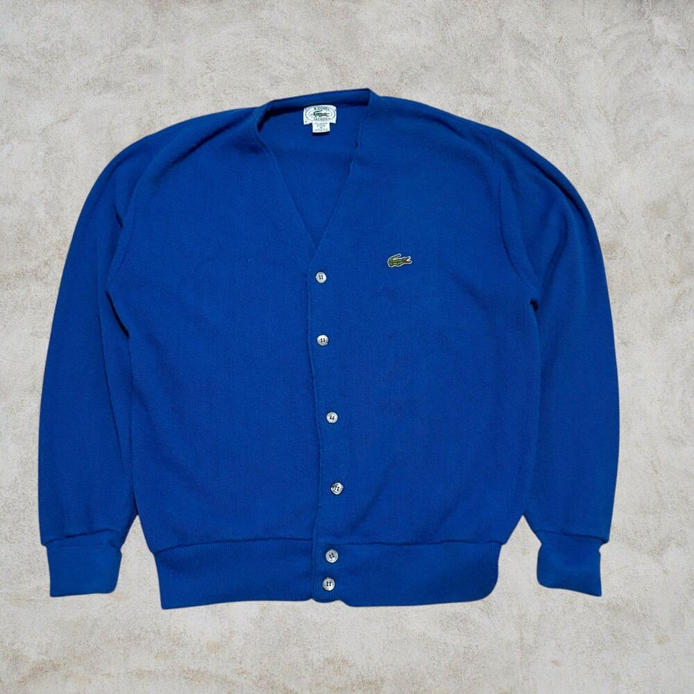Vintage 80s Izod Lacoste Cardigan Sweater Mens M Blue V Neck Knit Made USA